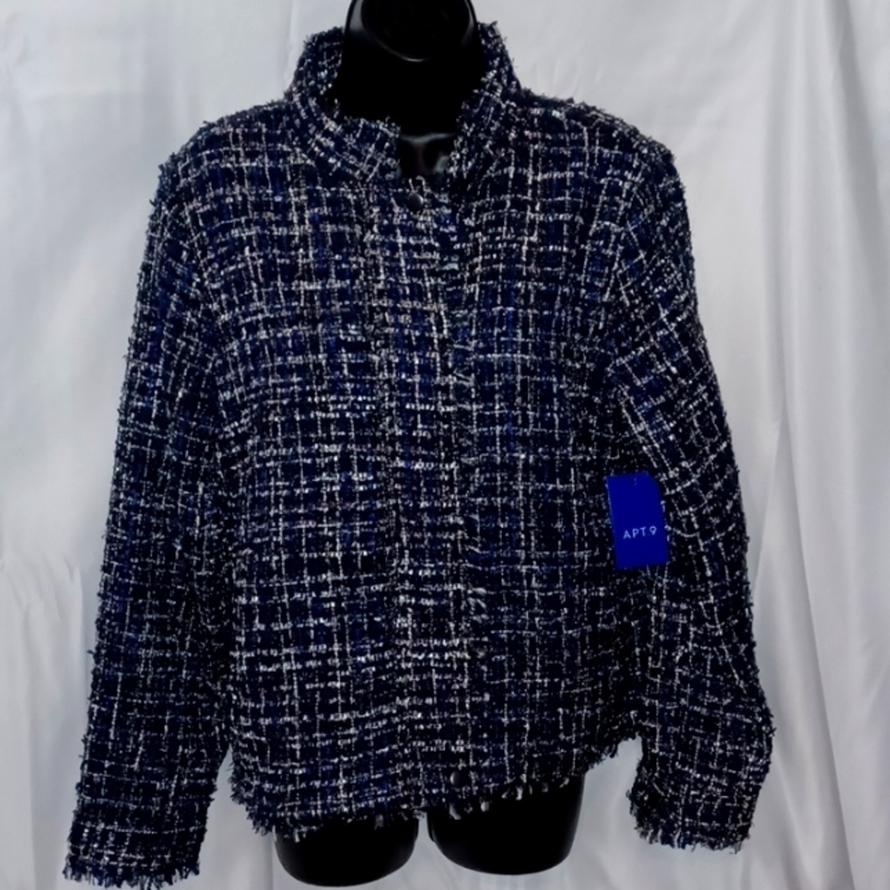 Apt 9 Blue Metallic Tweed Moto Jacket New Sz L NWT Office Attire Business